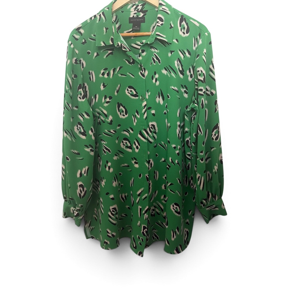 Investments Womens XL Green Abstract Animal Print Button Down Blouse Long Sleeve